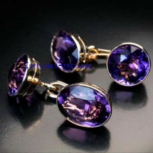 Natural Amethyst Gemstones 925 sterling silver Gold Finish Cufflinks for men's - Picture 2 of 3