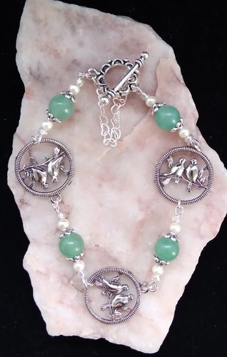 Aventurine Love Bird Charm, 19 cm Bracelet. Safety Heart Chain. Handmade - Picture 4 of 6
