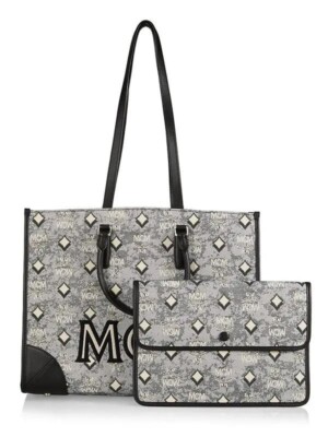 MCM München Large Tote Bag & Pouch Gray Vintage Monogram Leather & Jacquard NWT