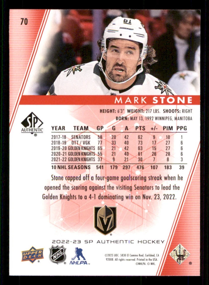 2022-23 SP Authentic Limited Red #70 Mark Stone - Image 2 of 2