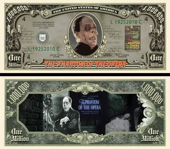 Phantom of the Opera Silver Million Dollar Funny Money Novelty Note +FREE SLEEVE