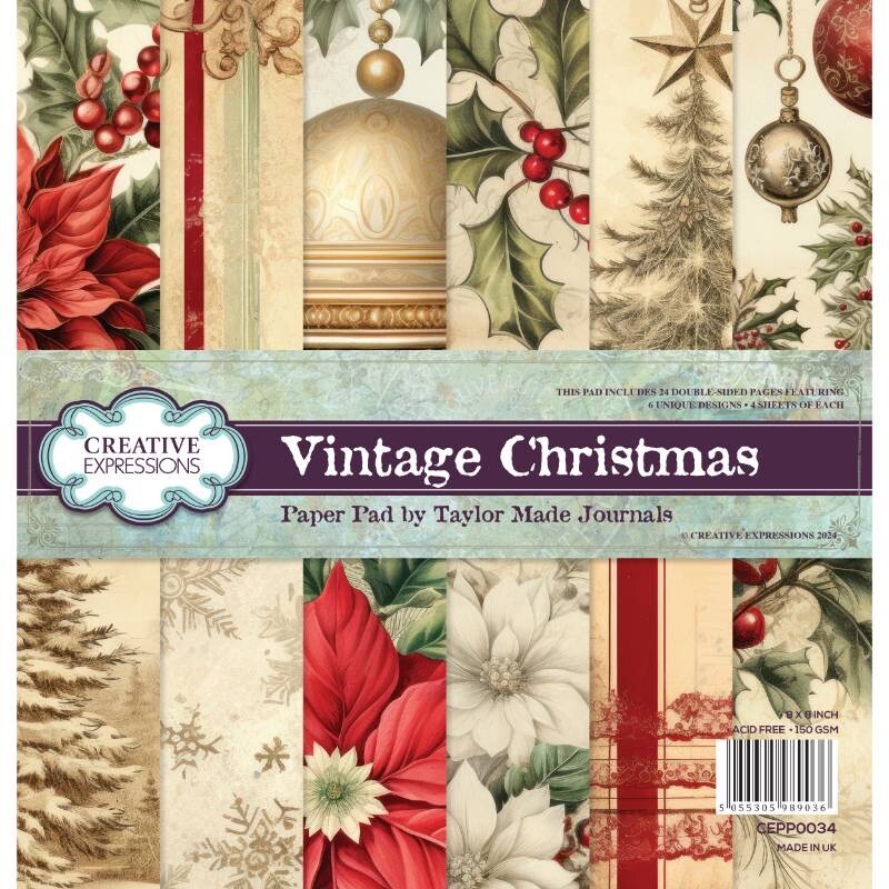 Creative Expressions Vintage Christmas Holly Baubles 8 x 8 Paper Pad Card Making