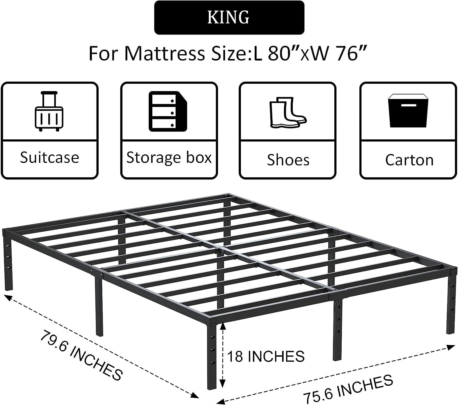 18 Inch Metal King Size Bed Frame Black Basic anti Squeak Steel Slats Platform eBay