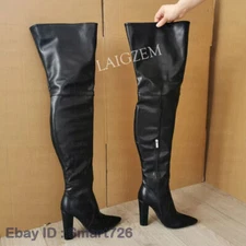 Women Thigh High Boots Side Zip Thick High Heel Pointed Toe Boots Over Knee Shoe