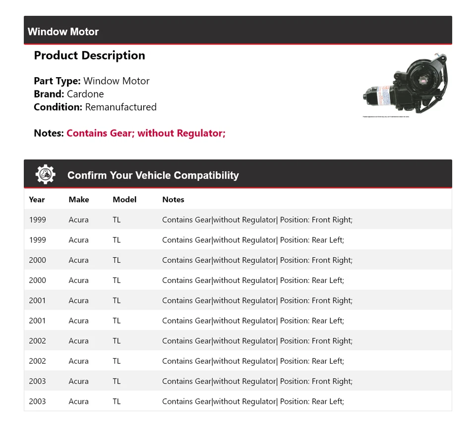 Para Acura TL 1999-2003 Ventana Motor Cardone 2000 2001 2002 Foto 2 de 4