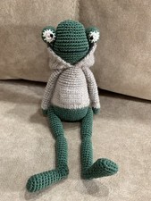 KNITTED TOY HANDMADE AMIGURUMI GREEN FROG RARE THING HOOK GIFT NEW 10 inches