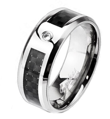 8mm Titanium Men's Black Graphite Carbon Fiber w/ CZ Band Wedding Ring