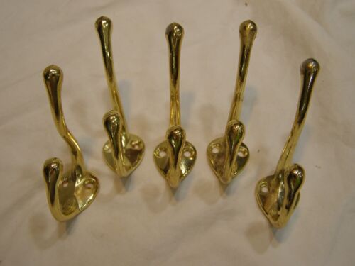 5 Bright Brass Finish Double Hook Clothes / Coat Hooks Stuff stuck on mount surf