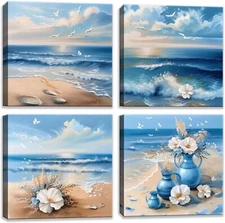 qorvami Blue Floral Wall Art Set of 4 Canvas Prints for Living Room Bedro