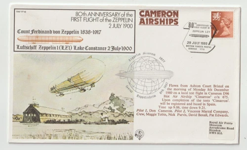 29/7/1980 UK GB Flown Cover - RAF FF18 - 80th Ann First Flight of the Zeppelin