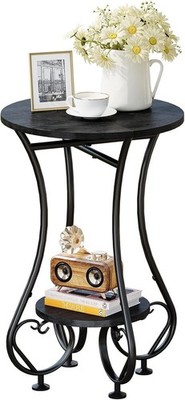Small Round Side Table,Round End Table for Small Spaces - Black Metal Nightst...