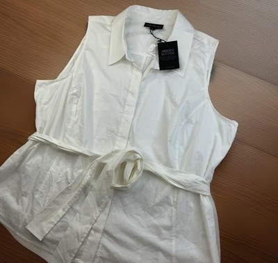 Lane Bryant Top Women Sz 24 Poplin Hidden Button Sleeveless Belted White NWT