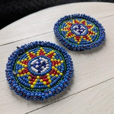 Vintage Kuchi Beaded Flower Patch Pair Tribal Gul Medallions 2.5" 21170