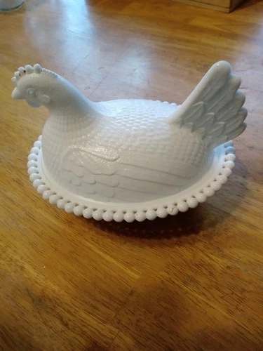 Vintage White Milk Glass Hen on Nest Indiana Glass Slotted Bead Stippled Basket