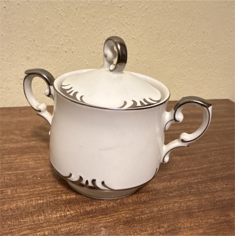 Style House Embassy Fine China Sugar Bowl w/ Lid, White & Silver Handles