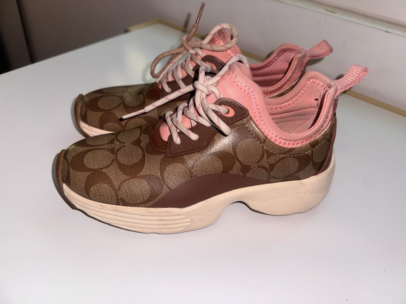 Coach Brown Pink Logo Print Lace Up Low Top Women's Sneakers