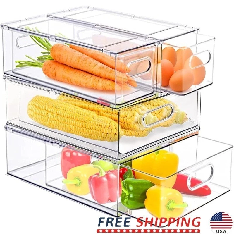 Stackable Fridge Organizer Drawer Set Food Grade PET Clear Storage Bins New