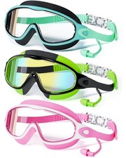 3 Pack Swimming Goggles, Kid Goggles with Earplugs Large Frame Anti-Fog/UV Wi...