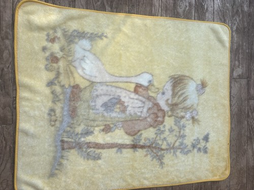Vintage Precious Moments Blanket 42x52 Girl with Goose Yellow Plush Soft Cozy - Picture 4 of 7