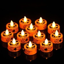 12 PCS Halloween Pumpkin LED Flameless Tealights Candles Battery Timer Spider