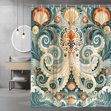 Octopus Seashell Graphic Shower Curtain, Coastal Nautical Print