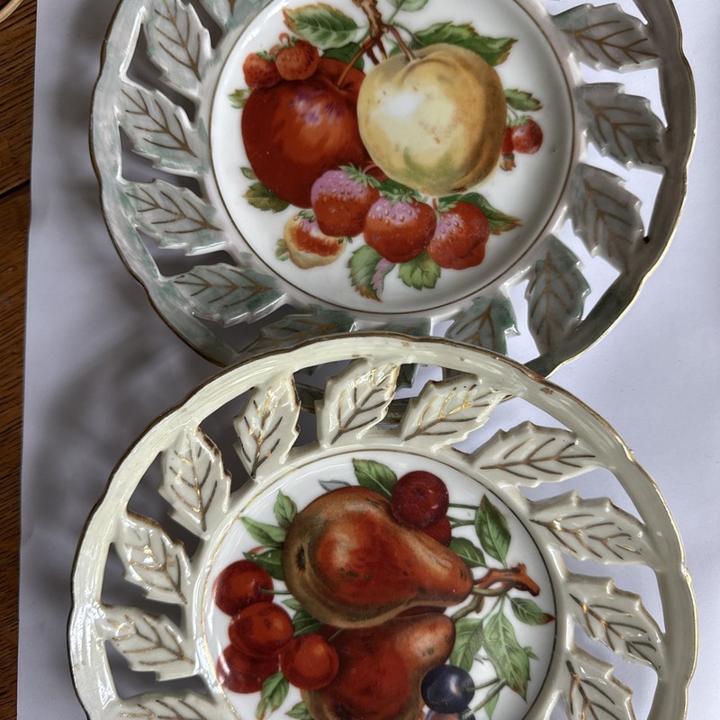 Two 50’s Japan Royal Halsey 8" China Plates Fruit LustreWare Leaves Gold Trim