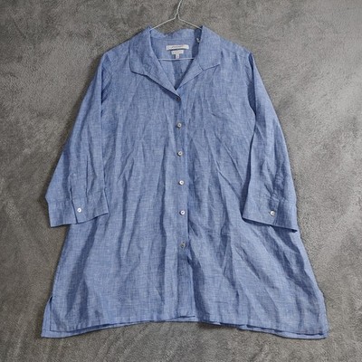 Foxcroft Heritage Non Iron Linen Top Assymetric Blue Button Up 14 Relaxed Delave