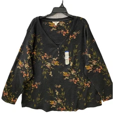 Terra & sky Top Womans 4X Waffle Thermal Henley V-Neck  Black Foral