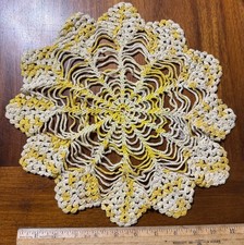 Vintage Hand Crochet Yellow White Large 11" Table Doile Spiderweb Flower