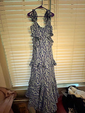 Women's Blue/White Paisley Ruffle Layered Maxi Dress M V-Neck Sleeveless Long