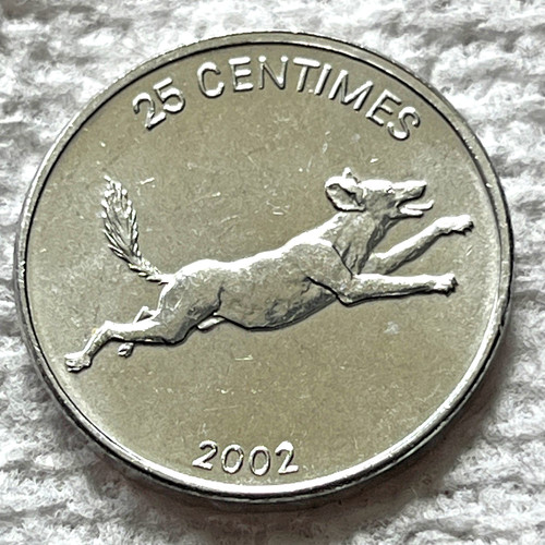 2002 Congo D.R. 25 centimes Coin Leaping Wild Dog Puppy Lion Cat Animal Wildlife