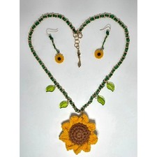 Sunflower Jewelry Set Crochet Necklace  Earrings Boho Floral Cottagecore