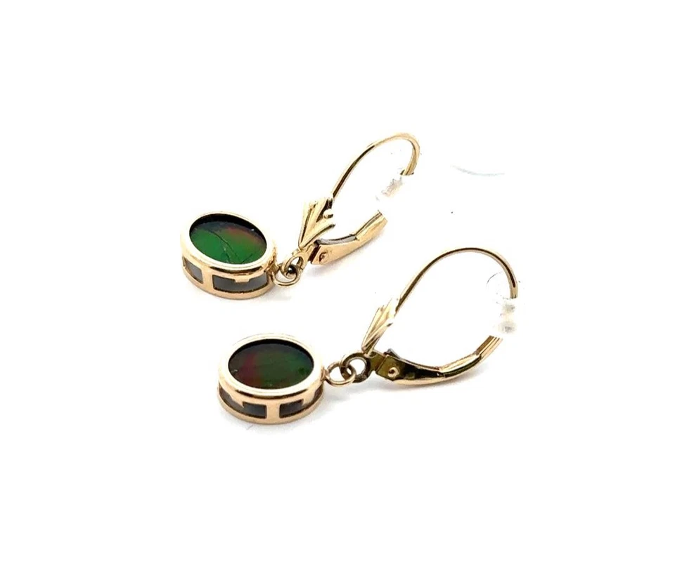 14K Yellow Gold Oval Ammolite Dangle Lever Back Pierced Earrings - Image 2 of 4