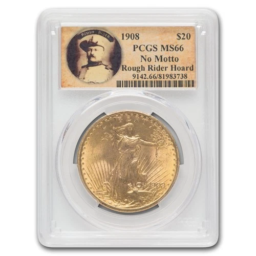 1908 $20 St Gaudens Gold No Motto MS-66 PCGS (Rough Rider)