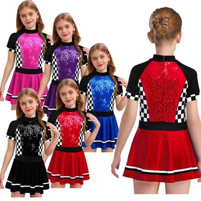 DE iEFiEL Rennfahrer Kostüm Kinder Mädchen Kurzarm Pailletten Tutu Faltenkleid