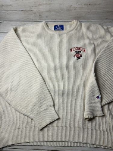 Vintage 80s Champion Made In USA Wisconsin Badgers Heavy Knit Sweater White XL