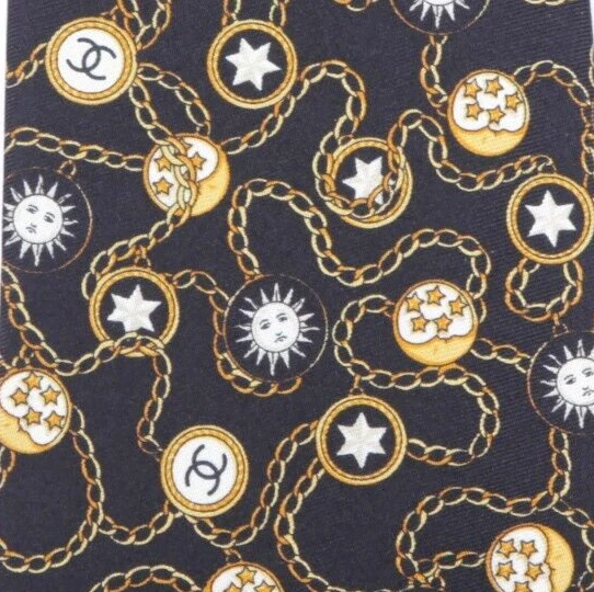CHANEL Celestial Sun Moon Stars Logo Black Gold Chain Link Men's Silk Neck Tie - Image 3 of 4