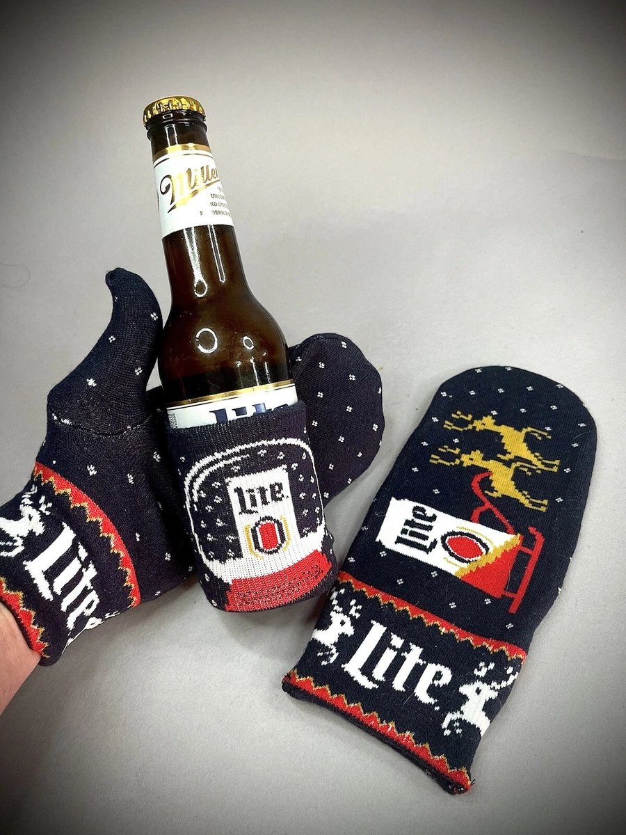 Miller Light Knit Holiday Gloves Ugly Christmas Sweater Theme with Beer Holder