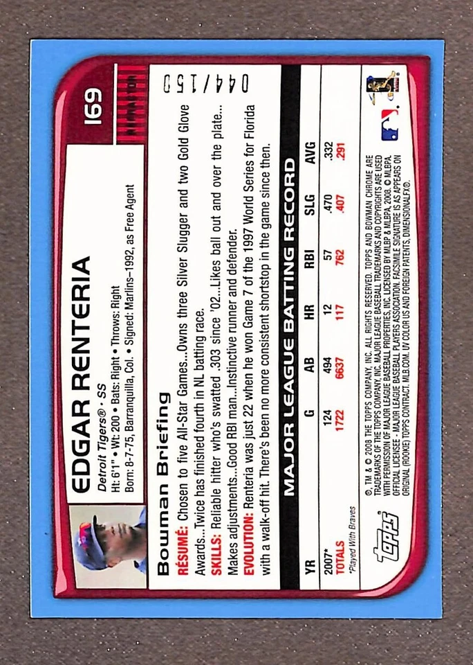 2008 Bowman Chrome Blue Refractor #169 Edgar Renteria /150 - Image 2 of 3