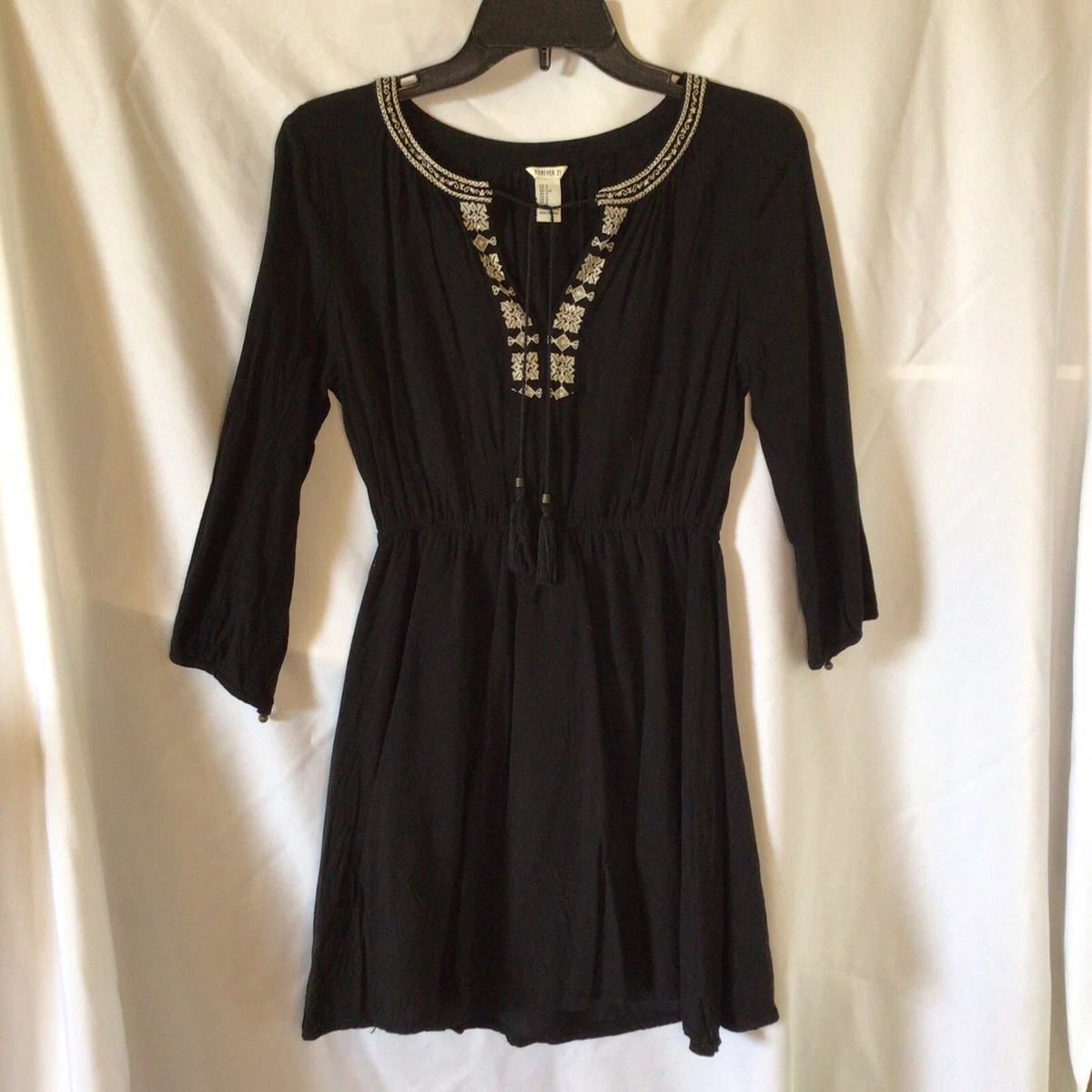 Forever 21 Boho Dress Black With Cream Colored Embroidery Size Small