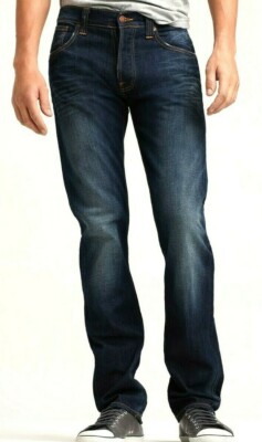 NUDIE JEANS DENIM CO AVERAGE JOE DARK ORGANIC USED BLUE STRAIGHT