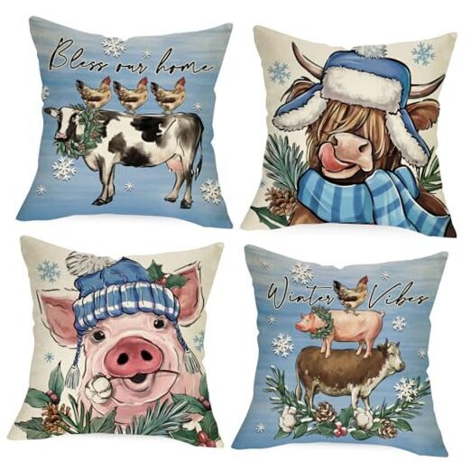 Winter Vibes Farm Animal Decorative Throw 20 x 20-Inch Winter Farm Animals