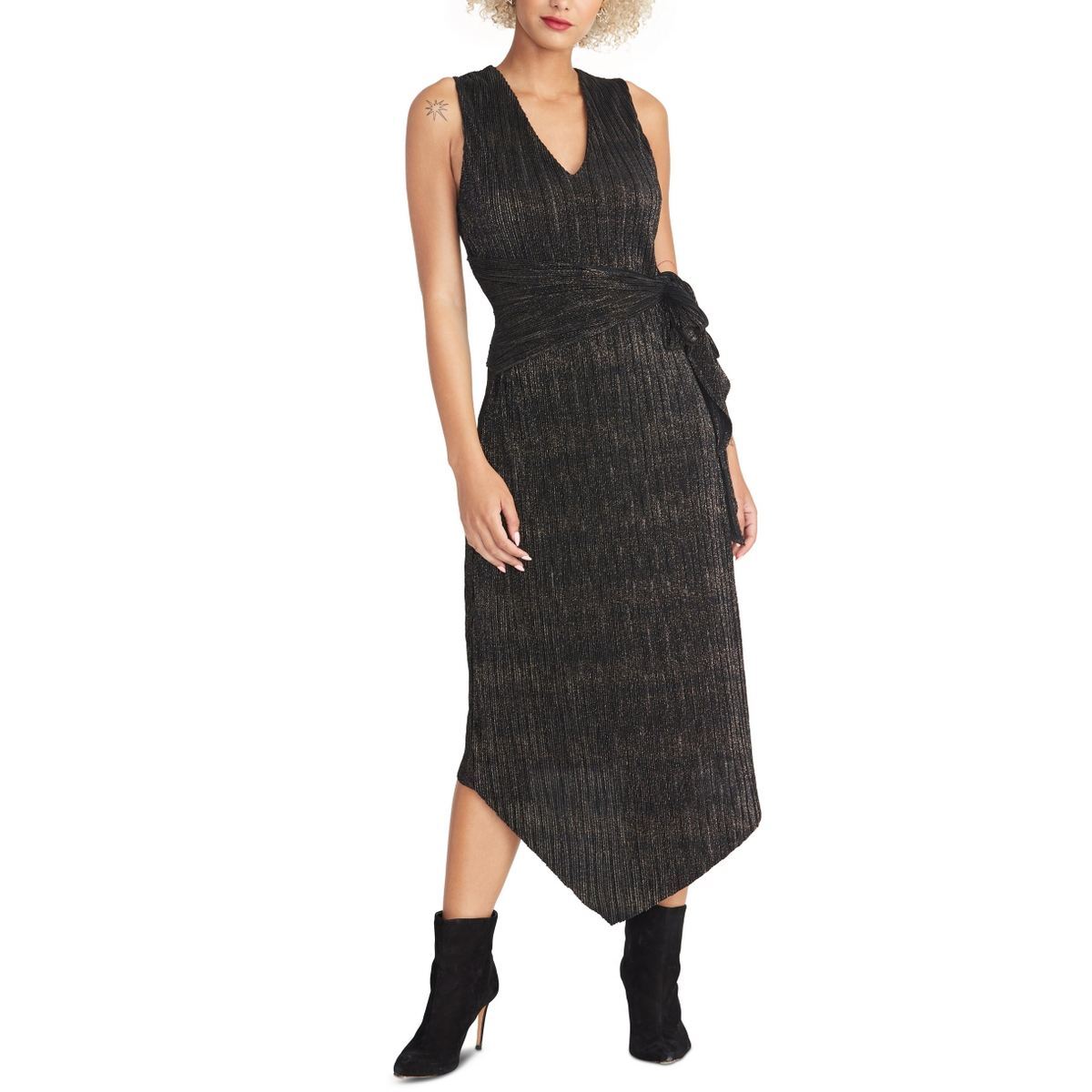 Rachel Rachel Roy Womens Alex Metallic Tie- Waist Midi Dress Black Xs