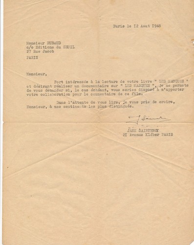 Jane Edith Saintenoy lettre tapsucrite signée Buraud Les Masques cinéma