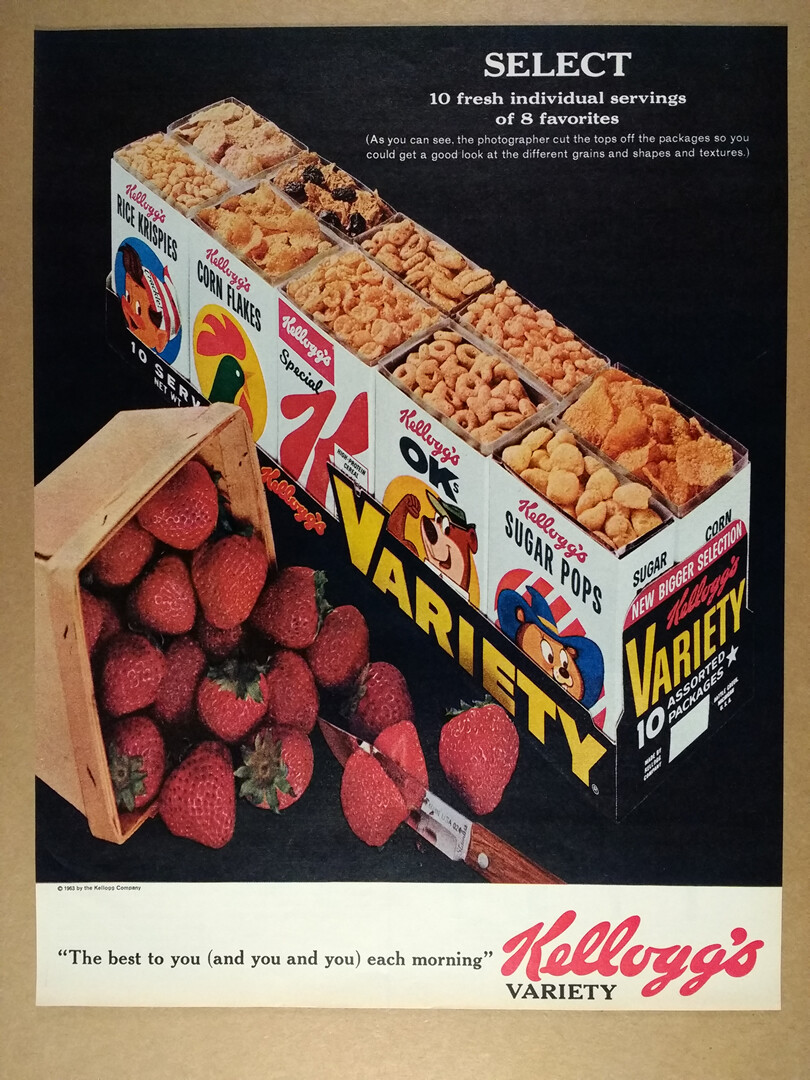 1963 Kellogg's Cereal 10 Box Variety Pack vintage print Ad