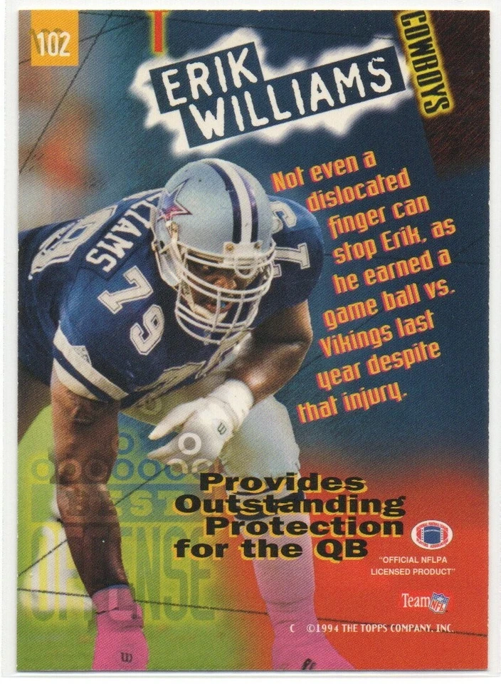 Erik Williams 1994 Stadium Club First Day #102 Dallas Cowboys Daryl Johnston #4 - Image 2 of 2
