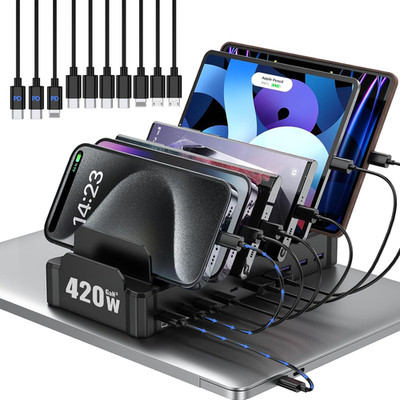 420W Charging Station for Multiple Devices,  10-Port USB C Fast Charger Stations