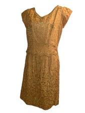 vintage 50s RAFFiA  LACE golden Yellow woven Floral DRESS m-L