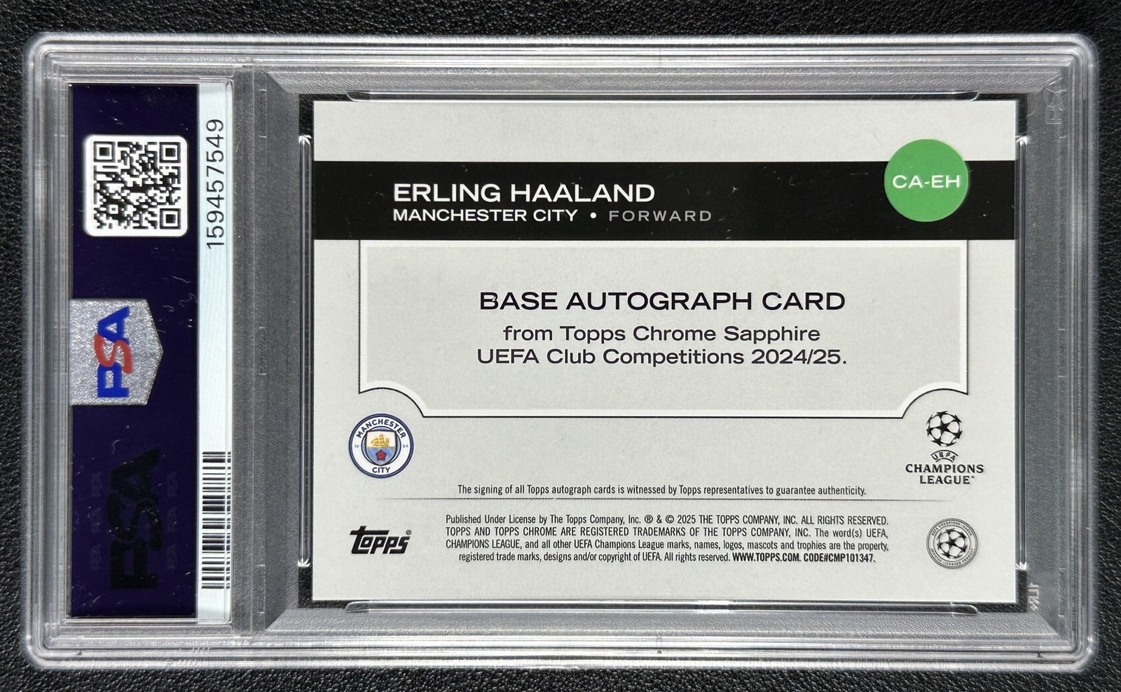 ERLING HAALAND PSA 10 2024-25 TOPPS CHROME SAPPHIRE UCC AUTO BLACK REFRACTOR /10 view 2