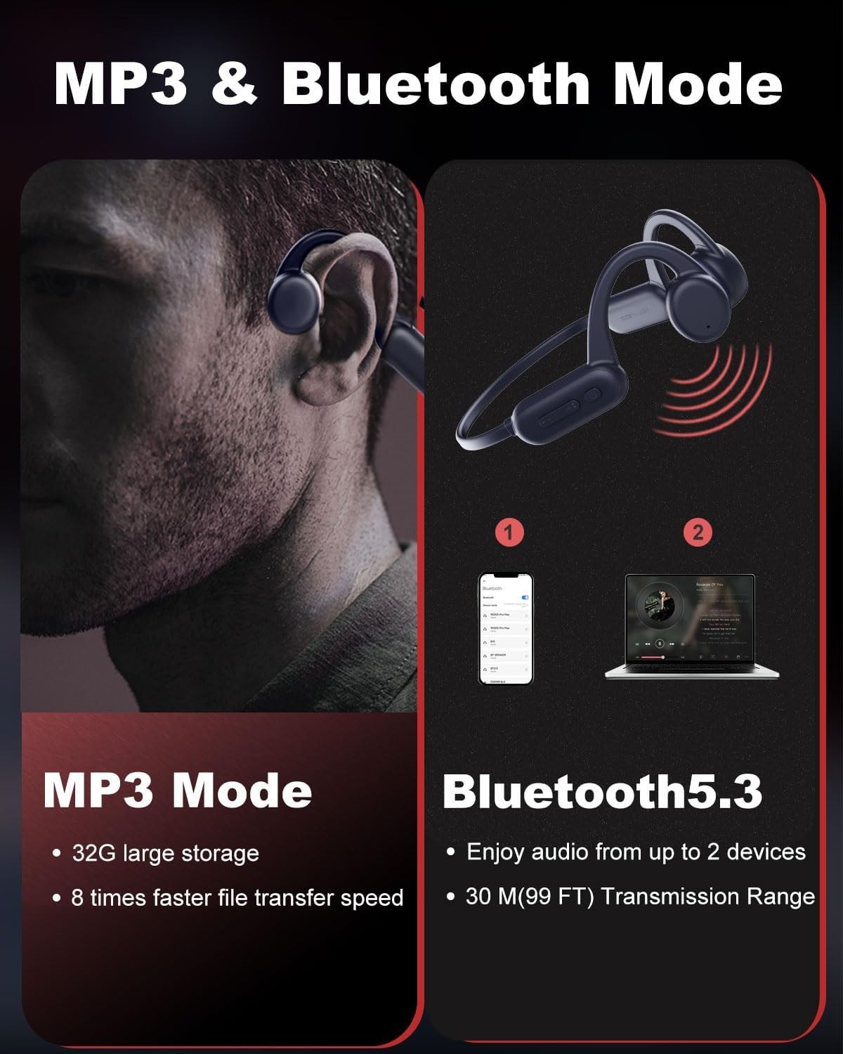 FEICO PRO MAX BONE CONDUCTION HEADPHONES WITH BUILT-IN MP3 PLAYER - 32GB -  BLUE